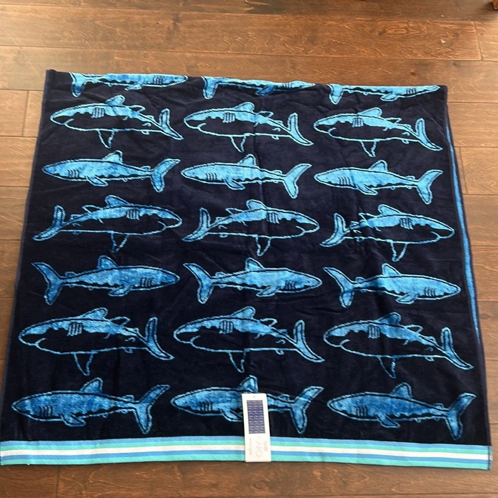 Caro Beach Towel Blue White New Cotton 36”x68” Whales Fishes